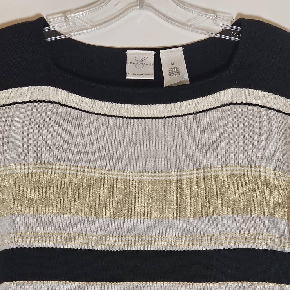 Emma James Sweater Womens Medium Black Gold Metallic Stripe Short Sleeve Knit - Picture 2 of 13